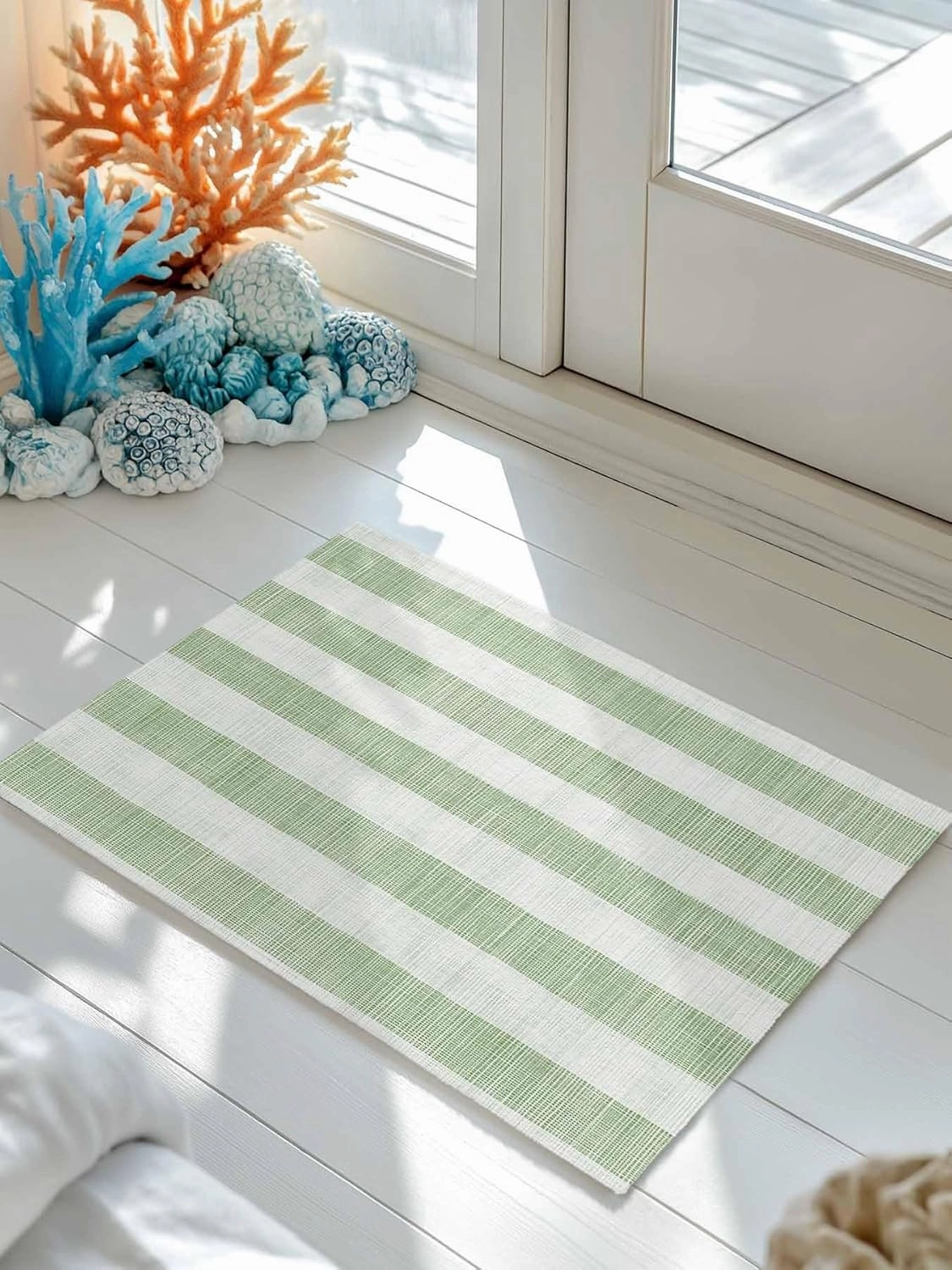 Welcome Doormat Sage Green Stripes Non-Slip Door Mats Entryway Rugs Retro Abstract Lines on Linen Washable Floor Mat for Living Room Bedroom Bathroom Entrance,18x30IN