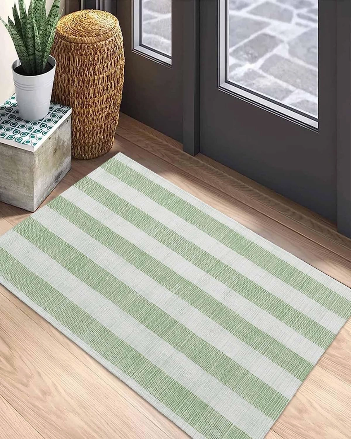 Welcome Doormat Sage Green Stripes Non-Slip Door Mats Entryway Rugs Retro Abstract Lines on Linen Washable Floor Mat for Living Room Bedroom Bathroom Entrance,18x30IN