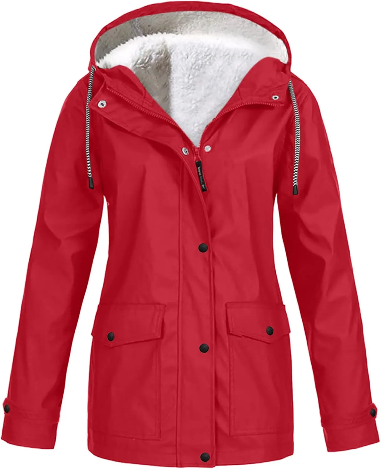 Winter Rain Coats for Women Waterproof Plus Size Hooded Rain Jackets Thicken Fleece Warm Raincoats with Pockets