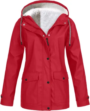 Winter Rain Coats for Women Waterproof Plus Size Hooded Rain Jackets Thicken Fleece Warm Raincoats with Pockets