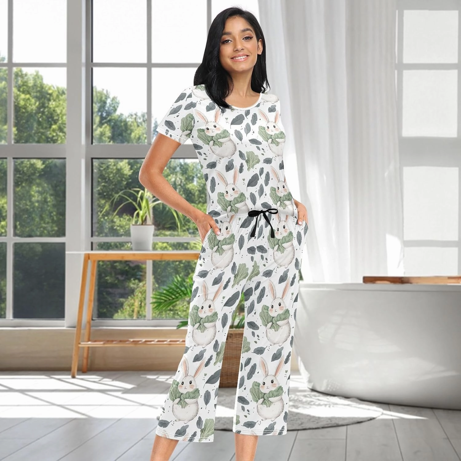 Women's Pajama Set Cute Bunny Cabbage Leaf Sleepwear Soft Pjs Lounge Sets Short Sleeve with Pockets S-XXL