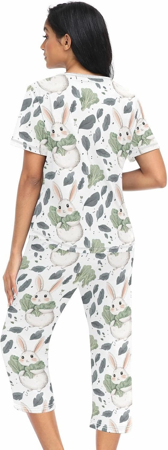 Women's Pajama Set Cute Bunny Cabbage Leaf Sleepwear Soft Pjs Lounge Sets Short Sleeve with Pockets S-XXL
