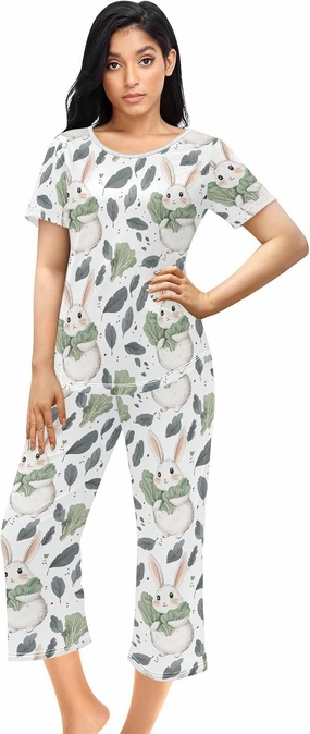 Women's Pajama Set Cute Bunny Cabbage Leaf Sleepwear Soft Pjs Lounge Sets Short Sleeve with Pockets S-XXL