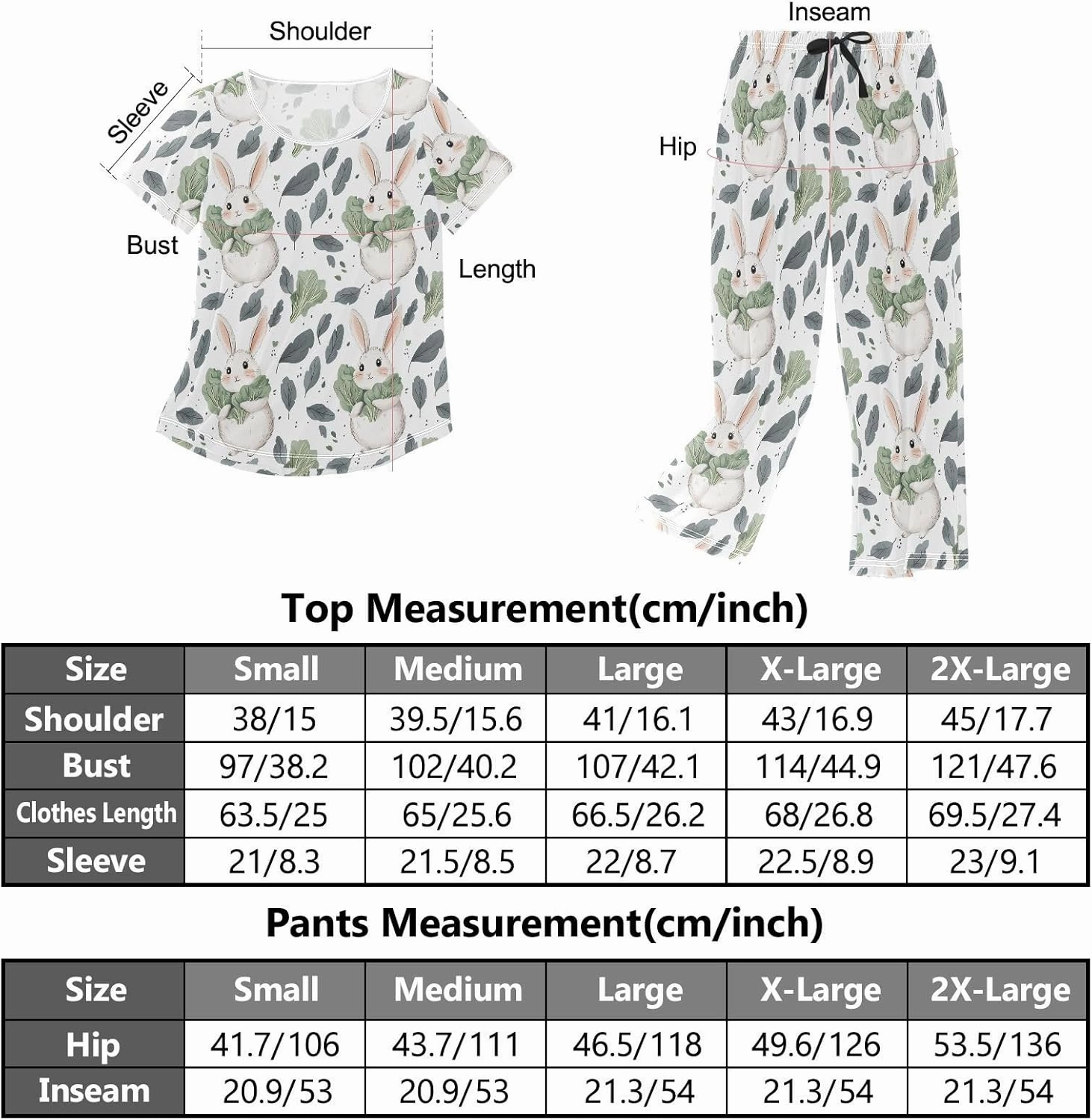 Women's Pajama Set Cute Bunny Cabbage Leaf Sleepwear Soft Pjs Lounge Sets Short Sleeve with Pockets S-XXL