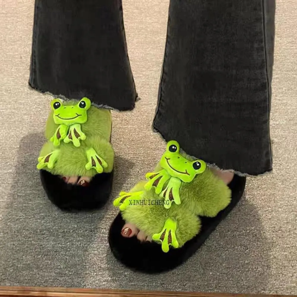 Women's Funny Plush Slippers Cozy Cute Kawaii Frog Animal Print Fuzzy Indoor Winter Bedroom Shoes