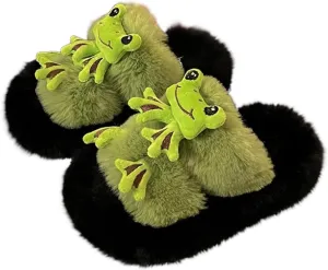 Women's Funny Plush Slippers Cozy Cute Kawaii Frog Animal Print Fuzzy Indoor Winter Bedroom Shoes