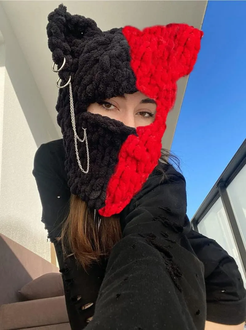 Y2k Knit Balaclava Face Mask for Women Men Bunny Ear Horn Ski Scarf Winter Warm Hat Knit Skull Beanie for Halloween