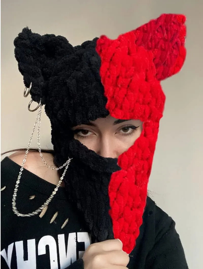 Y2k Knit Balaclava Face Mask for Women Men Bunny Ear Horn Ski Scarf Winter Warm Hat Knit Skull Beanie for Halloween