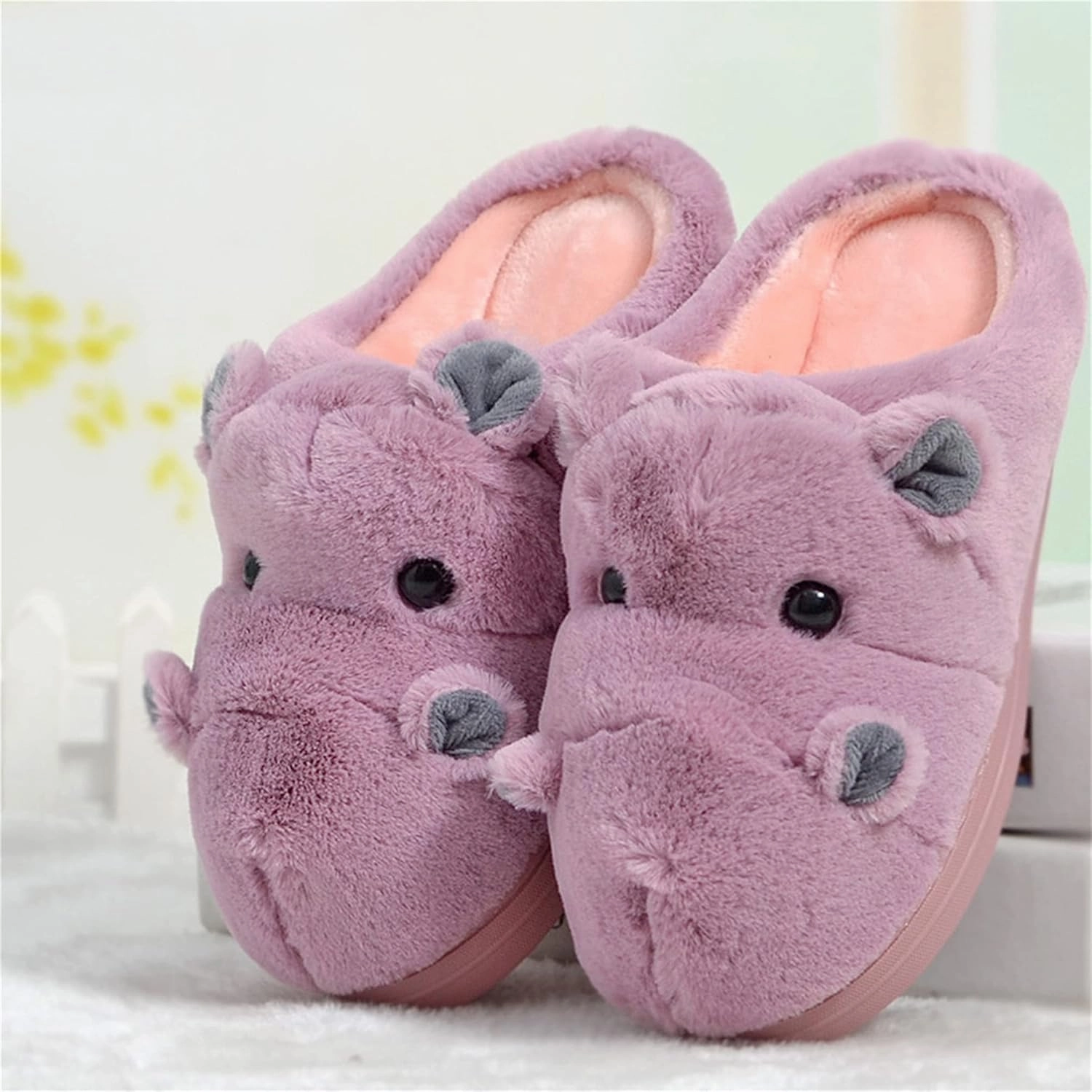 YILANLAN Women's Cartoon Animal Hippo Slippers - Winter Warm Furry Cute Home Slippers