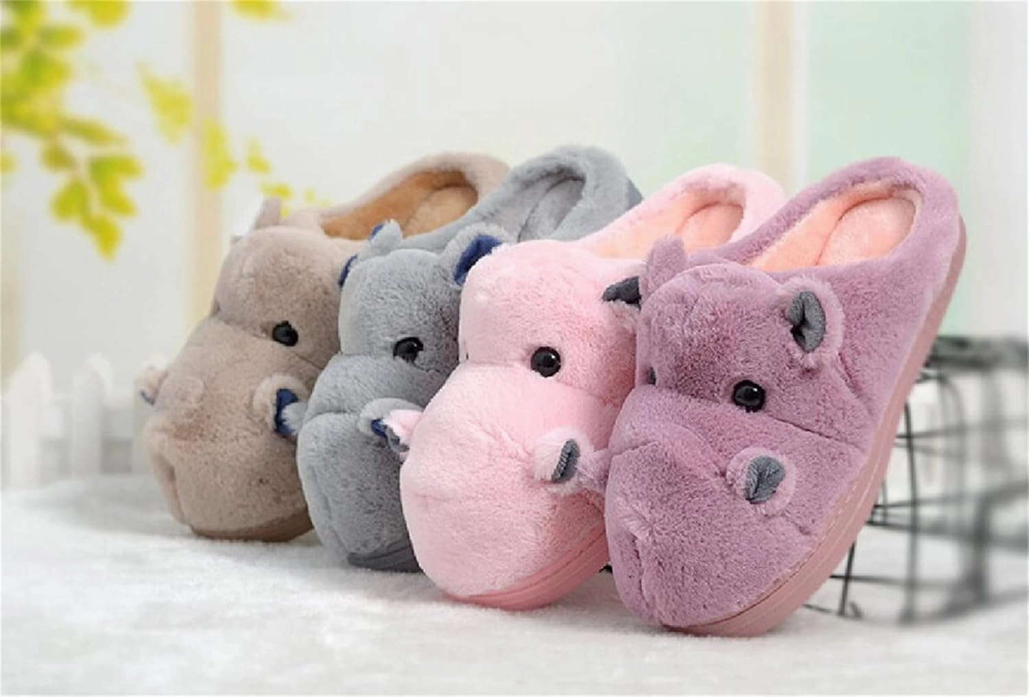 YILANLAN Women's Cartoon Animal Hippo Slippers - Winter Warm Furry Cute Home Slippers