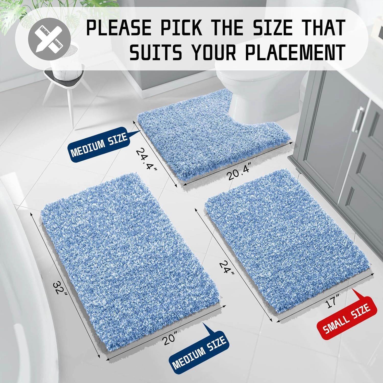 Yimobra Bath Rugs for Bathroom 32x20, Ultra Soft and Water Absorbent Bath Mats, Non Slip Plush Shower Mat Outside, Microfiber Thick Matts for Bathroom Floor/Tub, Machine Washable, Blue and White