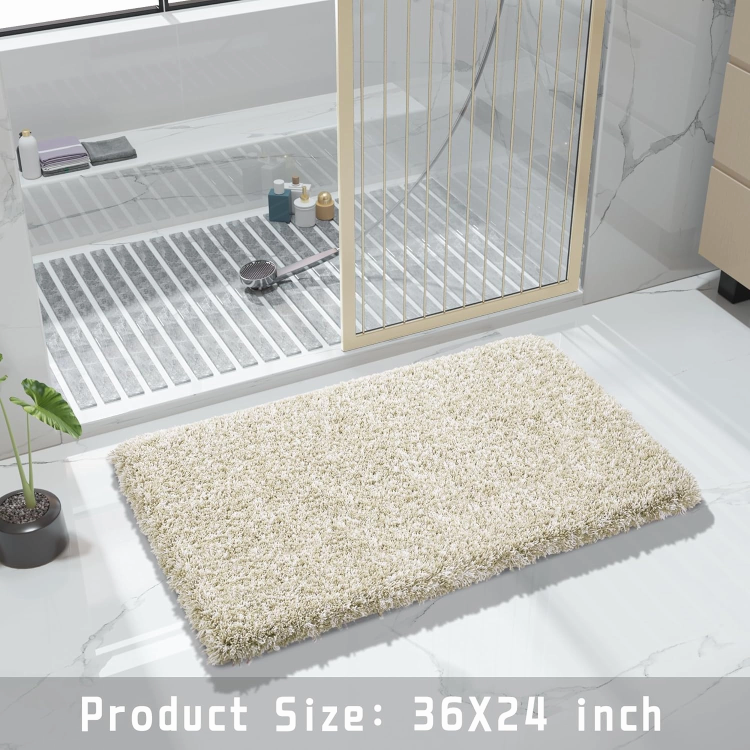 Yimobra Bathroom Rugs Non Slip Washable 36x24, Ultra Soft and Water Absorbent Bath Mats, Plush Fluffy Shower Mat Outside, Luxury Microfiber Thick Matts for Bathroom Floor/Tub, Light Beige and White