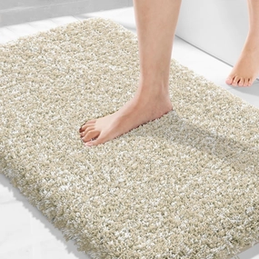 Yimobra Bathroom Rugs Non Slip Washable 36x24, Ultra Soft and Water Absorbent Bath Mats, Plush Fluffy Shower Mat Outside, Luxury Microfiber Thick Matts for Bathroom Floor/Tub, Light Beige and White