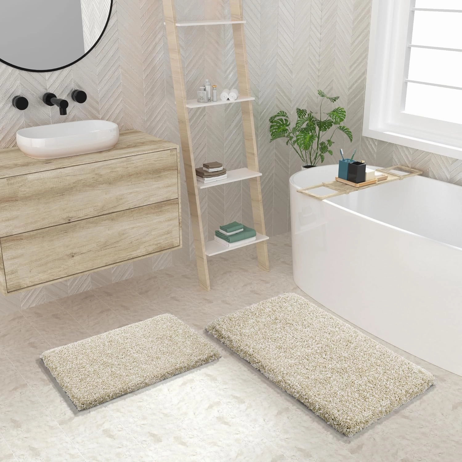 Yimobra Bathroom Rugs Non Slip Washable 36x24, Ultra Soft and Water Absorbent Bath Mats, Plush Fluffy Shower Mat Outside, Luxury Microfiber Thick Matts for Bathroom Floor/Tub, Light Beige and White
