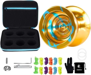 Yoyo Professional Unresponsive Yoyo N11 Gold Blue, Alloy Metal Yoyo for Kids/Advanced Player Yo Yo Glove Yoyo Bag Yoyo Strings, Bundle with Yoyo Ball Storage Bag Case, Protect Yoyos & Accessories