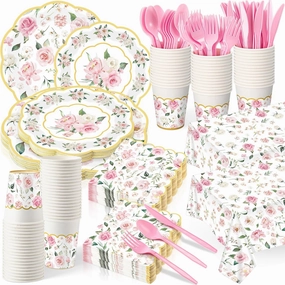 Yungyan 194 Pcs Floral Party Supplies Pink Floral Scalloped Plates and Napkins Tablecloth Cups Bridal Shower Disposable Tableware Set for Wedding Birthday Baby Shower Tea Party Decoration