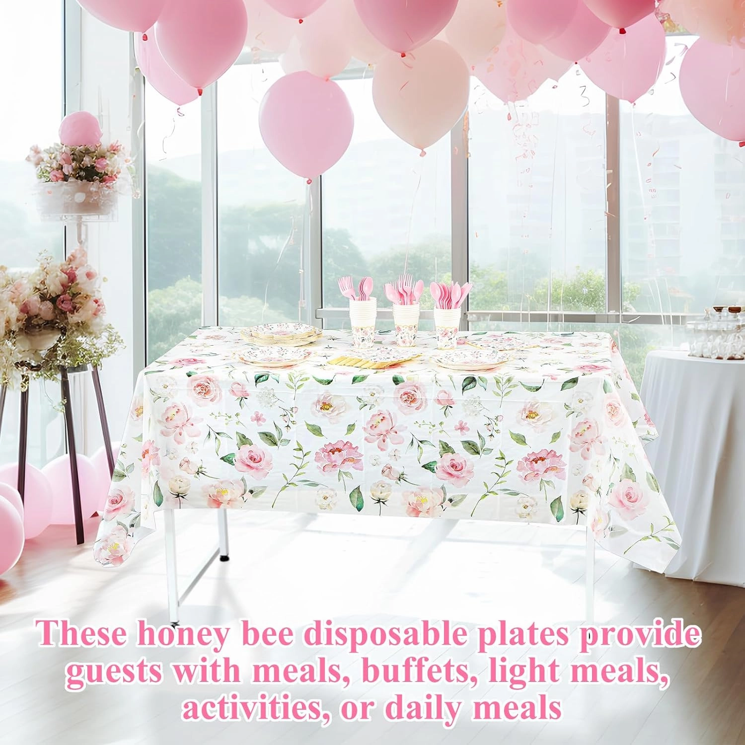 Yungyan 194 Pcs Floral Party Supplies Pink Floral Scalloped Plates and Napkins Tablecloth Cups Bridal Shower Disposable Tableware Set for Wedding Birthday Baby Shower Tea Party Decoration