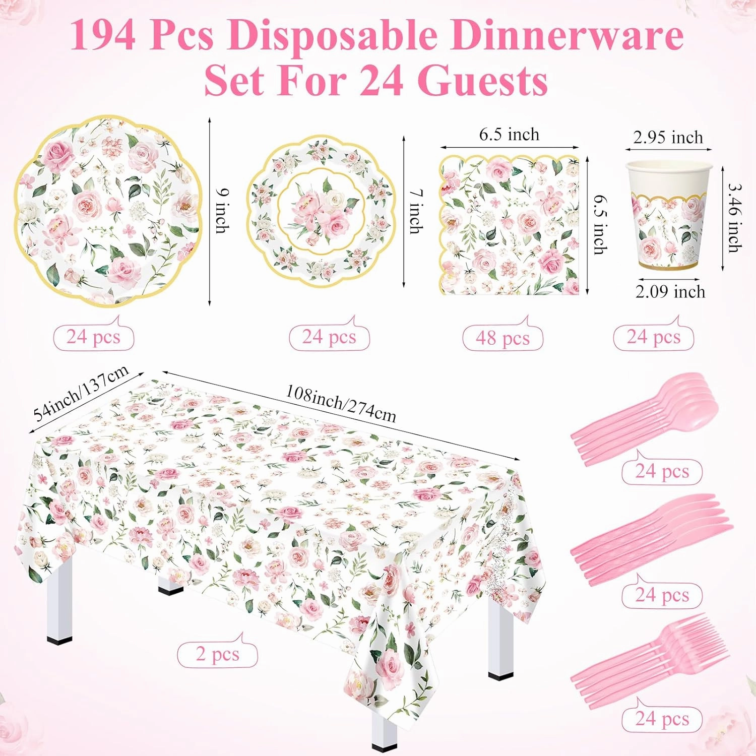Yungyan 194 Pcs Floral Party Supplies Pink Floral Scalloped Plates and Napkins Tablecloth Cups Bridal Shower Disposable Tableware Set for Wedding Birthday Baby Shower Tea Party Decoration