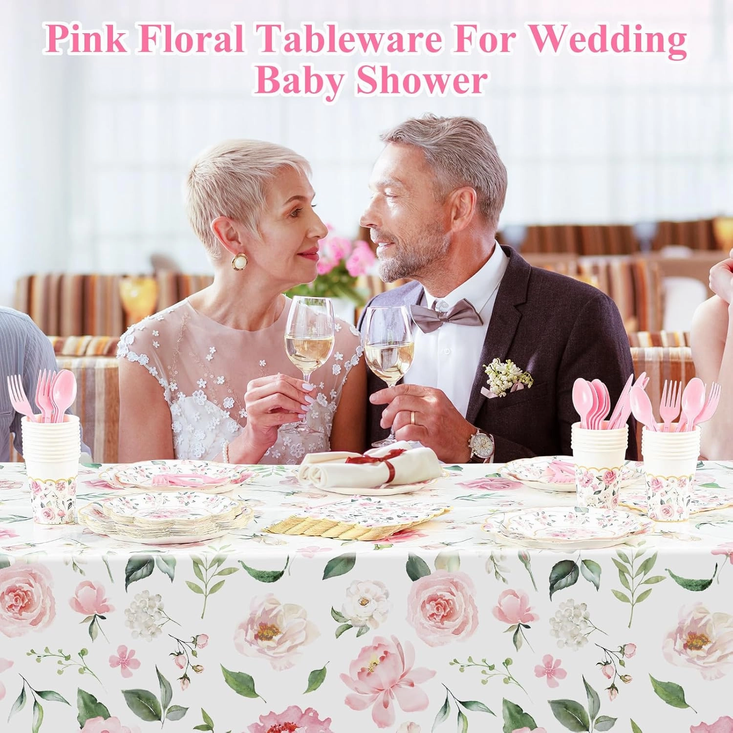 Yungyan 194 Pcs Floral Party Supplies Pink Floral Scalloped Plates and Napkins Tablecloth Cups Bridal Shower Disposable Tableware Set for Wedding Birthday Baby Shower Tea Party Decoration