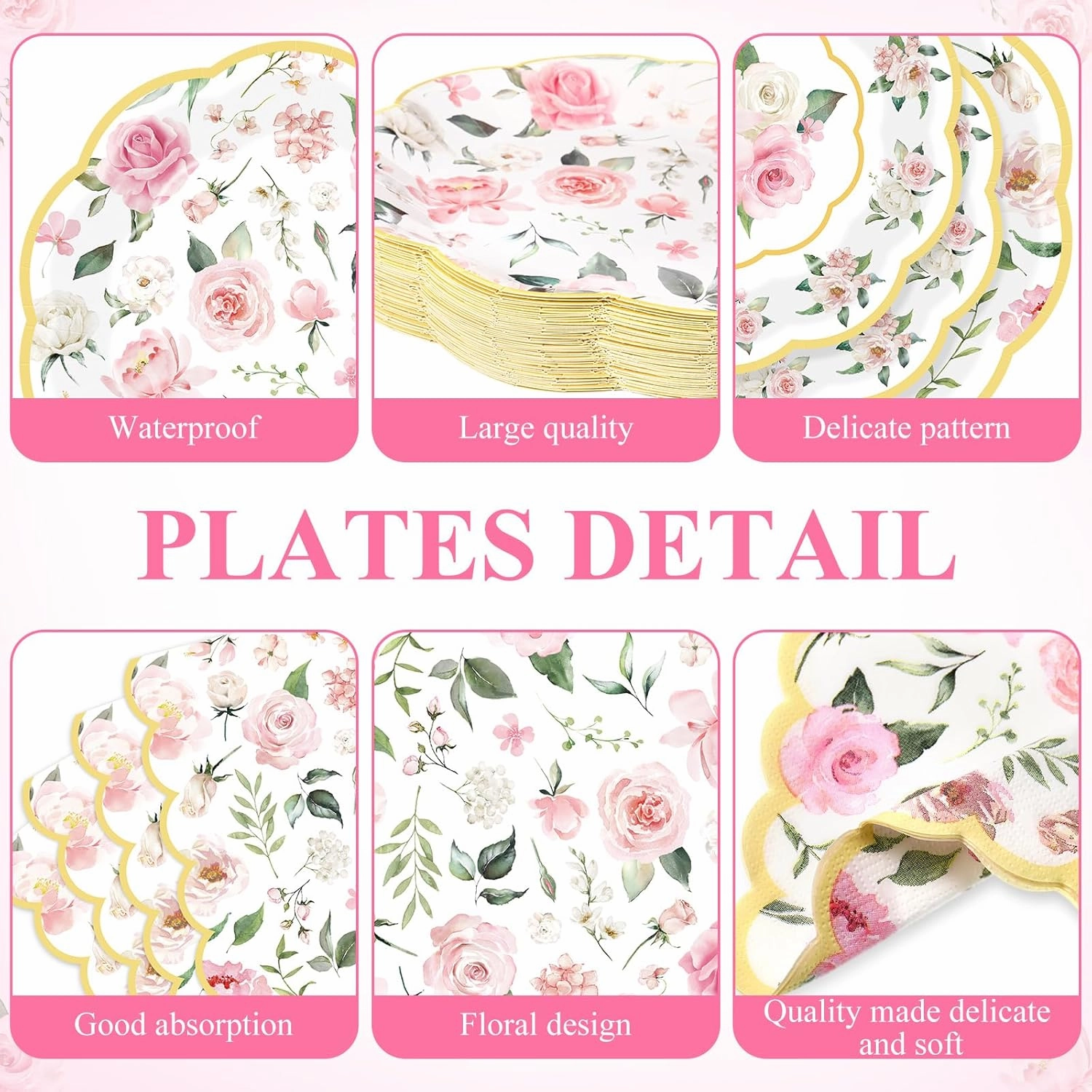 Yungyan 194 Pcs Floral Party Supplies Pink Floral Scalloped Plates and Napkins Tablecloth Cups Bridal Shower Disposable Tableware Set for Wedding Birthday Baby Shower Tea Party Decoration